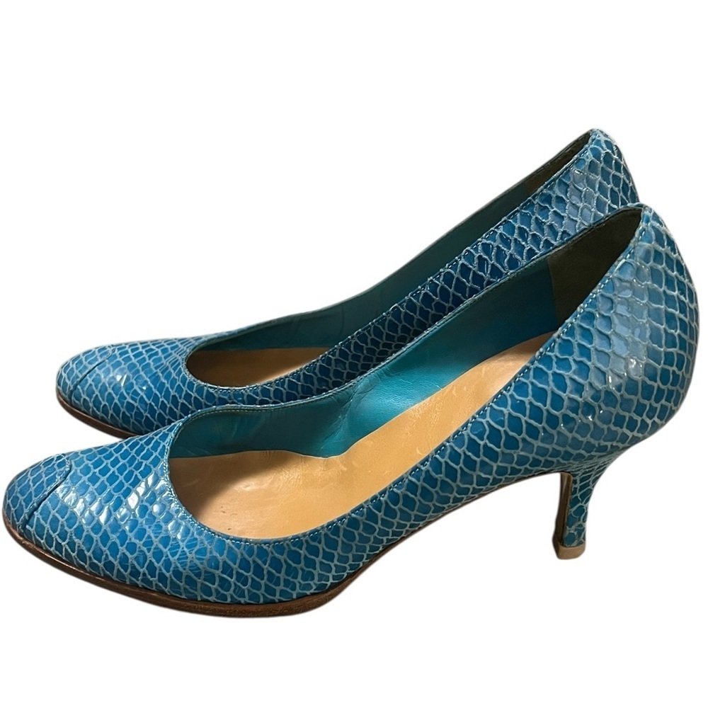 Sonia Rykiel blue mermaid leather lizard print round toe heels Made in Italy